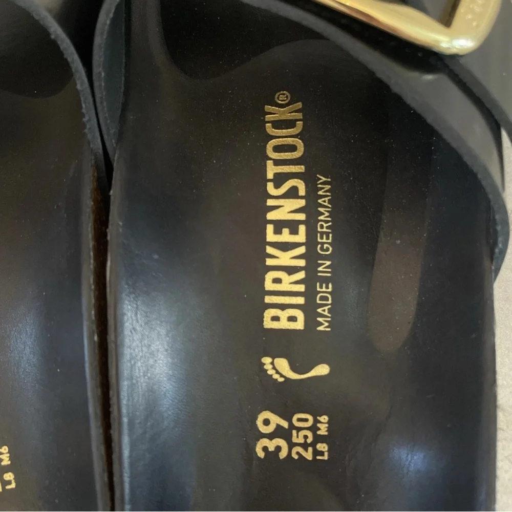 Birkenstock Madrid High Shine Big Buckle Black Slide Sandal Gold Size 39/US 8 - Picture 6 of 12